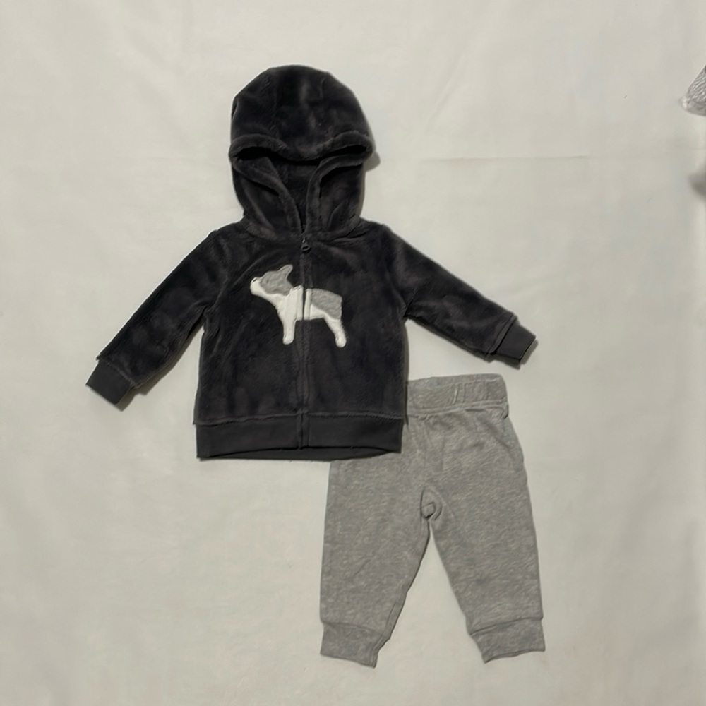 Child of Mine Hooded zip up jacket with dog and gray pants size 3-6 months